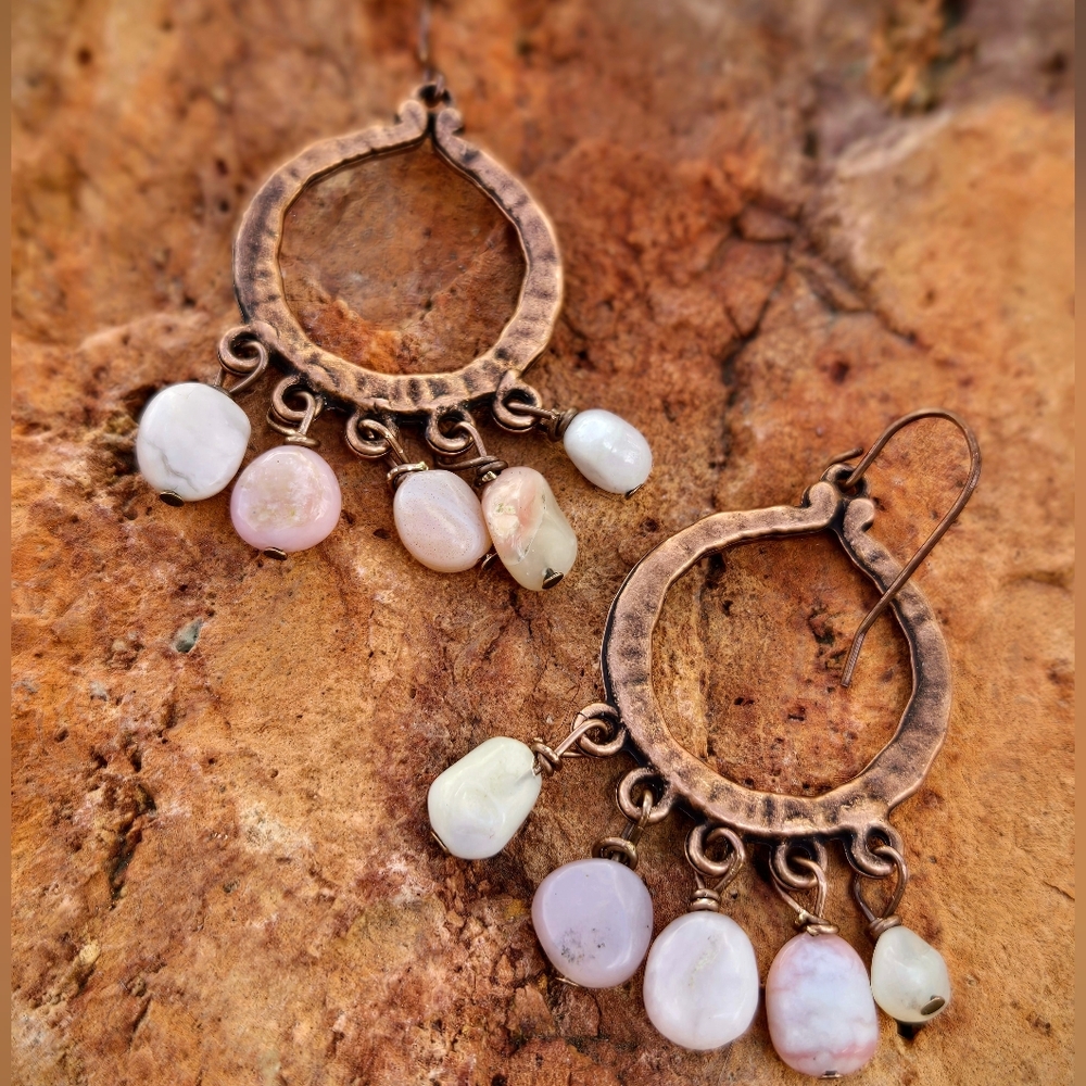 Delicate Feminine Pink Opals On Rugged Hammered Loop Antique Copper Earrings